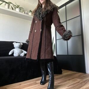 Vintage 1990s Suede Dark Brown Coat with Faux Shearling Fur